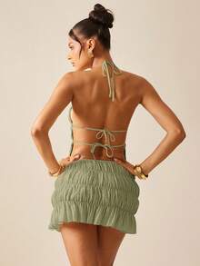 Hauture Conjunto de saia e top curto sem costas, cor sólida, sexy, para férias - Verde de Exercício - Ver 2