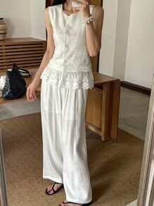 DAZY 2pcs/Set Summer Casual Lace Patchwork Camisole And Wide Leg Pants Set For Women Lounge Sets For Women Short Sets For Women - Beige - View 1