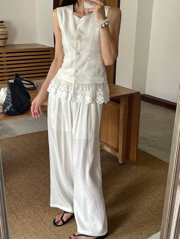 2pcs/Set Summer Casual Lace Patchwork Camisole And Wide Leg Pants Set For Women