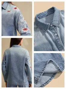 Women's Casual Denim Shirt Blue Long Sleeve Collared Button-Down With Floral Embroidery And Pocket Detail - Blue - View 8