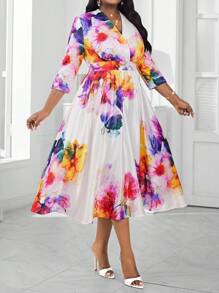 SHEIN Lady 春夏优雅通勤办公室波西米亚风彩色编织重叠领喇叭中长七分袖加大码连衣裙优雅服装办公室连衣裙 - 彩色 - 查看 5