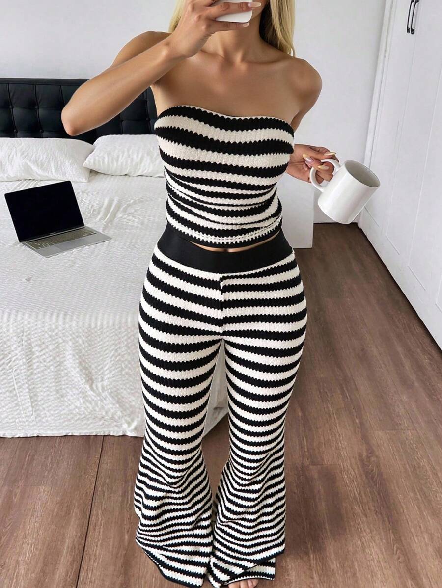 2pcs/Set Casual & Comfortable Seamless Crop Top & Pants Set For Teenage Girls Striped Two Piece Set - Multicolor - View 1