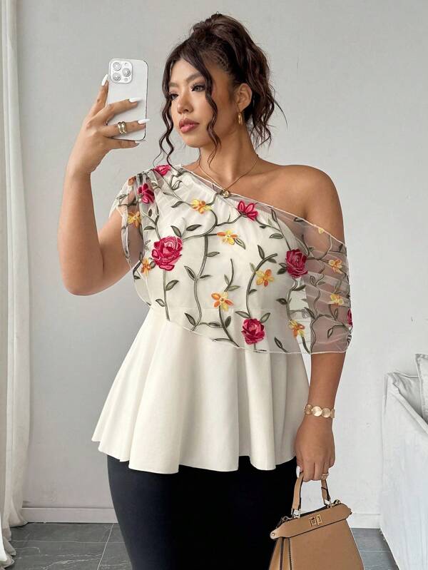 Elenzga Women's Plus Size Asymmetrical Asymmetric Embroidered Mesh Shawl, A-Line Gather Waist Design, Elegant For Outdoor Wear One Shoulder Top Flower Tops For Women One Shoulder Blouse 3d Flower Top Plus Size One Shoulder Top