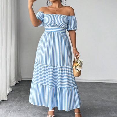 플러스플러스 사이즈 스트라이프 프린트 캐주얼 우아한 오피스 섹시 로맨틱 드레스 블루 스트라이프 드레스 오프 숄더 맥시 드레스 오프 숄더 여름 드레스 여름 맥시 드레스 여성 여름 드레스
