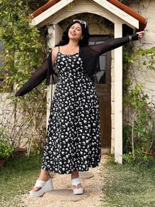 大码两件套：碎花腰部修身喇叭裙 + 透视夹克，春夏 - 黑與白 - 查看 4