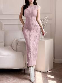 Feyla 2pcs/Set Women Elegant Solid Color Stand Collar Cable Sleeveless Dress And Long Sleeve Cardigan Set 2 Pieces Set In Fall/Winter - Pink - View 5
