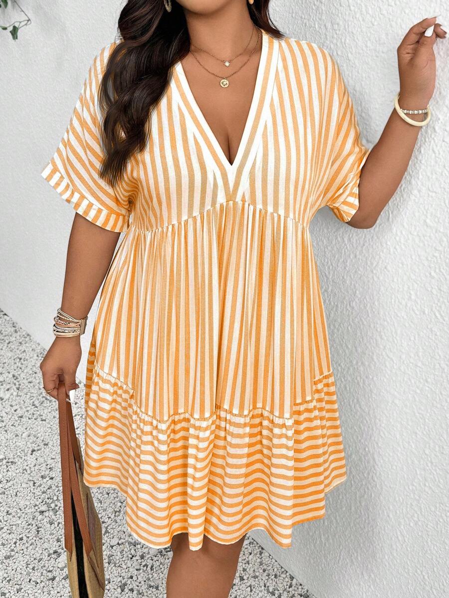SHEIN Frenchy Plus Size Women Casual Striped Batwing Sleeve Loose Vacation Dress, Summer, Holiday Outfits For Women - Orange - View 1