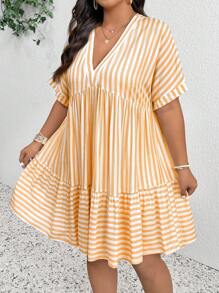 SHEIN Frenchy Plus Size Women Casual Striped Batwing Sleeve Loose Vacation Dress, Summer, Holiday Outfits For Women - Orange - View 3