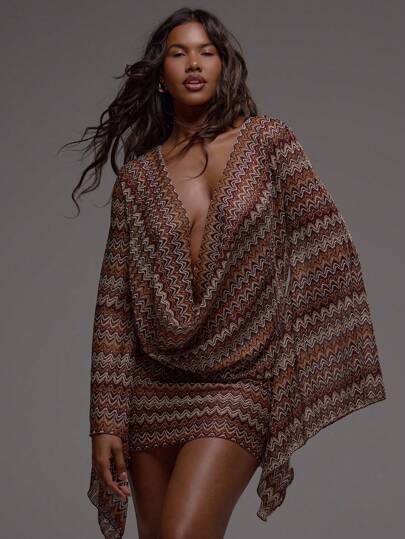 MUSERA Extreme Cowl Front Long Sleeve Textured Patterned Crochet Striped Mini Dress Boho Festival Holiday Beachwear Summer Vacation Cute Elegant Ibiza