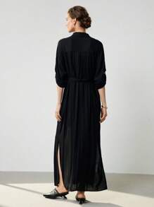 Uhlyne 女装秋季新款法式通勤度假休闲X型亚麻单排扣金属纽扣长袖衬衫裙 - 黑色 - 查看 4