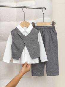 SHEIN 3pcs/Set Toddler Boys' Casual Preppy White Outfit,Oversized V-Neck Sleeveless Vest,Long Sleeve Shirt&Pants,Summer Wedding Guest Birthday Party Suit - Multicolor - View 3