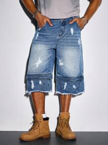 ROMWE MEN Street Life Men's Casual Washed Distressed Frayed Hem Denim Shorts - Blue - View 4