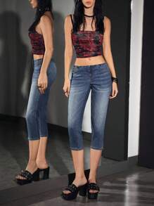 Jeanoix 女士休闲做旧斜插口袋猫须超低腰修身七分牛仔裤 - 藍色 - 查看 7