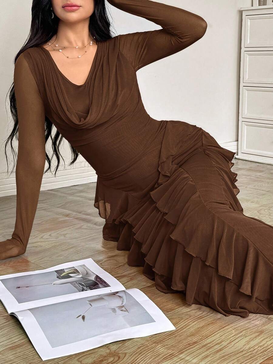 Modelyn Vestido elegante de mujer con cuello de pico, elástico, de malla, con volantes en el bajo, ajustado, para primavera/verano - Marrón - Ver 1