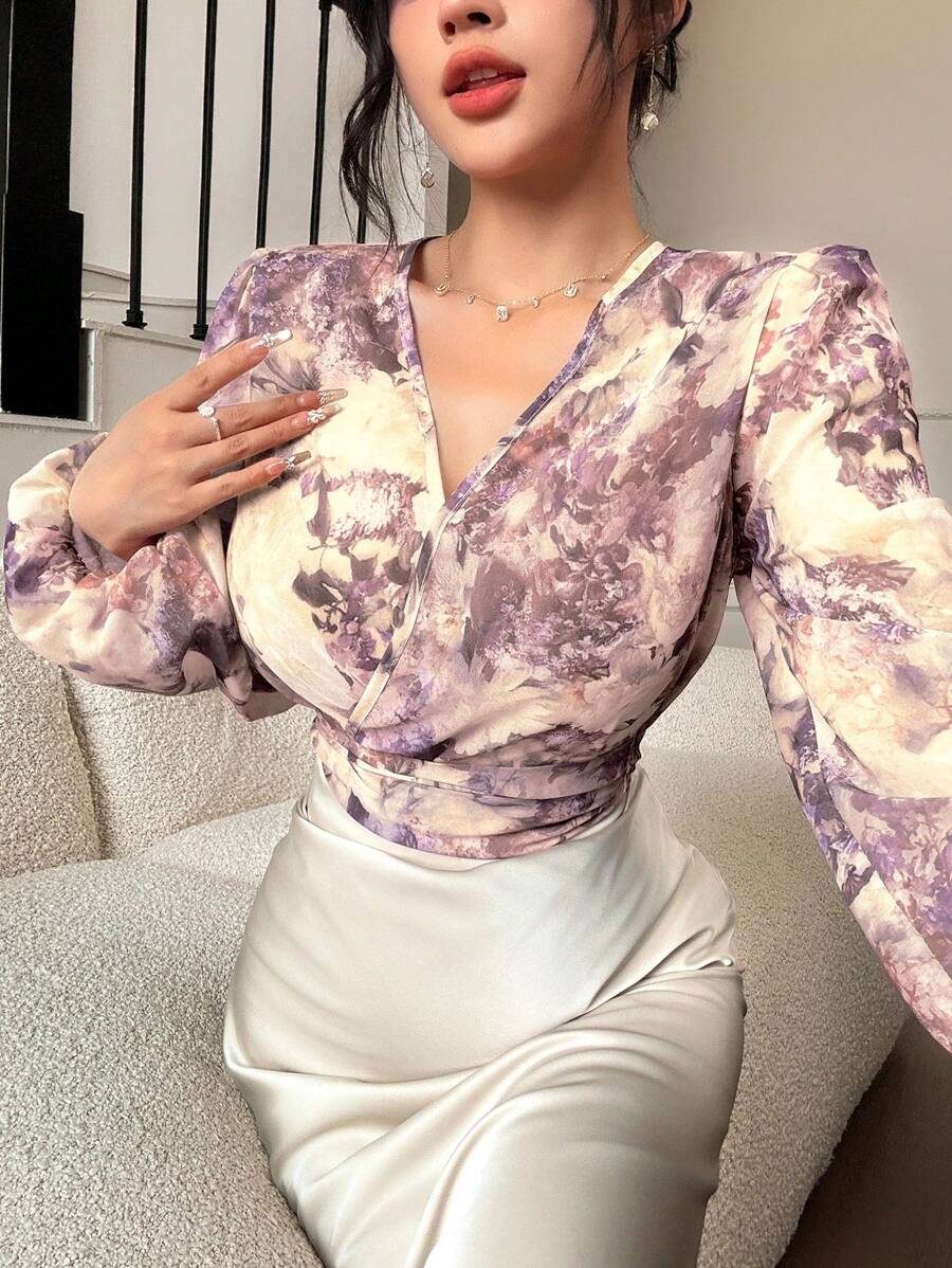 Modelyn Áo cánh Chiffon họa tiết hoa thanh lịch lãng mạn cho nữ, Xuân/Hè - Màu be - Xem 1