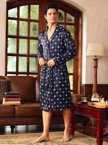 Manfinity Men's Allover Print Contrast Trim Tie Waist Long Sleeve Bathrobe, Fall - Multicolor - View 4