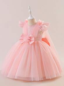 Glamorique Kids 小女孩蝴蝶结装饰网纱薄纱公主裙，带3D花朵装饰，适合派对穿着 - 粉色 - 查看 3