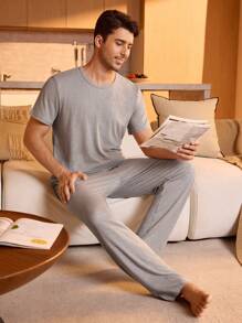 SHEIN Men Solid Tee & Trousers PJ Set - Light Grey - View 1