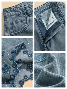 Anewsta Quần short denim túi thêu hoa thời trang cho nữ - Màu xanh lam - Xem 8