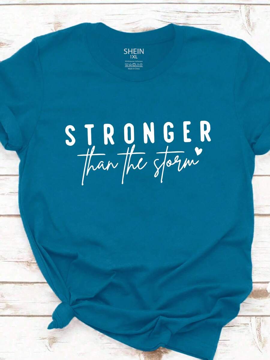 EMERY ROSE 大码休闲短袖T恤，带英文字母印花，比风暴更强大，图案T恤，女式上衣 - 水鴨藍 - 查看 1