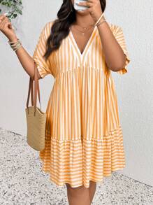 SHEIN Frenchy Plus Size Women Casual Striped Batwing Sleeve Loose Vacation Dress, Summer, Holiday Outfits For Women - Orange - View 5