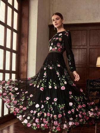 ZEYLAH Women's Floral Embroidered Sheer Long Sleeve Dress, Beach Holiday Style, Spring & Autumn