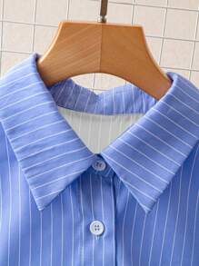 SHEIN LUNE Women's Vertical Stripe Long Sleeve Pleat Single-Breasted Casual Shirt, Summer Fall Cloth For Women - Blue - View 4