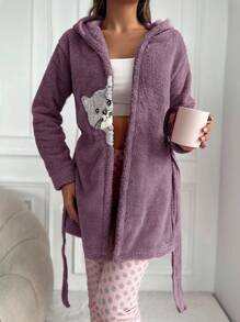 EURMUSE Cat Embroidery Hooded Belted Teddy Robe - Purple - View 3