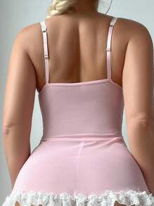 PetitDoll Romantic Lace Splicing Ruffle Hem A-Line Silk Stockings Sexy Lingerie Dress , 4-Piece Set Underwear Outer For Going Out - Pink - View 2