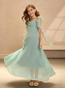 优雅花童裙，薄荷绿雪纺无袖细肩带领口长裙，时尚大摆公主裙，适合婚礼和正式场合