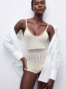 Maija 女士纯色镂空设计性感吊带背心连体裤 - 杏色 - 查看 8