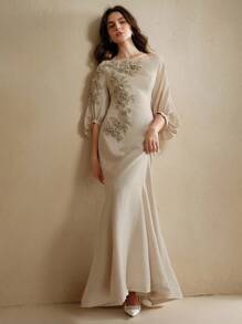 Anewsta Off-Shoulder Embroidered Linen Dress For Women - Apricot - View 6