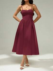 SHEIN PETITE 女式休闲纯色腰部收腰吊带连衣裙，夏季 - 酒紅色 - 查看 6