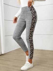 EMERY ROSE Quần legging họa tiết da báo, họa tiết động vật, cạp chun co giãn, quần legging nữ, quần co giãn thường ngày, quần legging có gân, quần áo mùa thu cho nữ, quần họa tiết da báo cho nữ - Xám - Xem 3