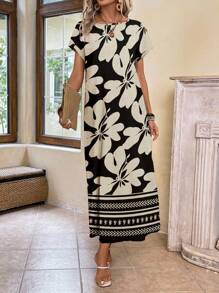 EMERY ROSE Vestido casual minimalista preto e damasco com listras geométricas e estampa floral, versátil para mulheres, adequado para o verão e férias