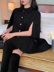 DAZY 女士加大码加厚羊毛披肩外套，复古优雅高端秋冬斗篷夹克 - 黑色 - 查看 1