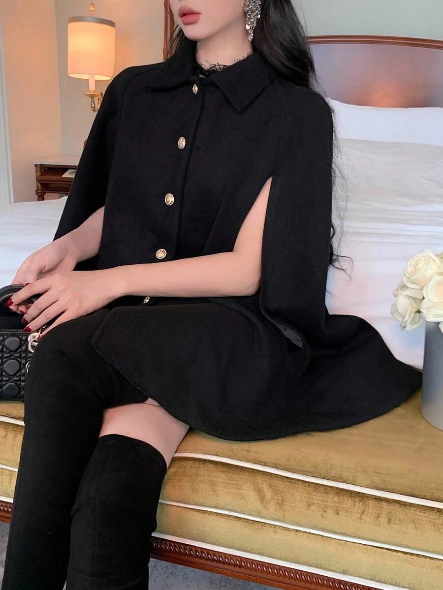 DAZY 女士加大码加厚羊毛披肩外套，复古优雅高端秋冬斗篷夹克 - 黑色 - 查看 1