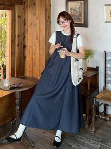 DAZY Korean Style Washed Casual Denim Dress For Women - Blue - View 6