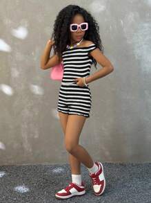 Coolane Kids Tween Girls Soleia 2 件套节日条纹针织不对称肩部修身上衣和超低腰紧身短裤，适合派对、圣诞节、情人节、约会、海滩、游轮、狂欢节、复活节 - 黑與白 - 查看 6