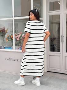 Solflare Plus Size Black & White Striped Split Sleeve Casual Dress,Sun Dresses For Women