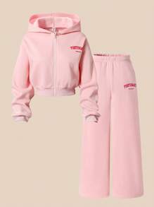 Casuvi Kids 2pcs/Set Teen Girls Zip-Up Hoodie Sweatshirt And Casual Loose Sports Long Pants Suit Fall Winter