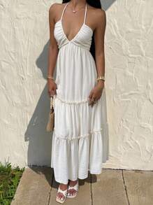 SHEIN EZwear Women's Spring/Summer Rayon Bamboo Knit Bohemian Beach Dress, Shirred Pleated Bust, Tiered Skirt Design, A-Line Silhouette, Backless With Tie-Up Halter Neck And Bow Closure - Apricot - View 4