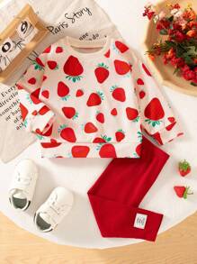 SHEIN 2 件套女婴春秋新款罗纹领草莓印花运动衫和修身打底裤，简约可爱运动休闲装