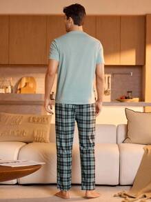 Men's Solid Color Short Sleeve T-Shirt And Plaid Pants Homewear Set