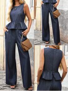 EMERY ROSE Women's Ruffle Hem Round Neck Sleeveless Top And Denim Pants 2 Piece Set