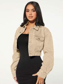 SHEIN SXY Women's Long Sleeve Single-Breasted Casual Loose Short Denim Jacket - Apricot - View 3