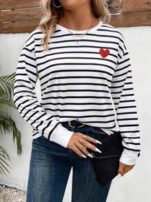 EMERY ROSE 加大码圆领长袖条纹休闲百搭T恤，秋冬图案T恤女式春季上衣