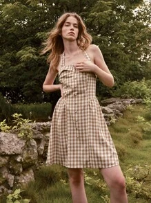 SHEIN Holidaya Summer Plaid Halter Neck Dress (Random Print Design) - Khaki - View 7