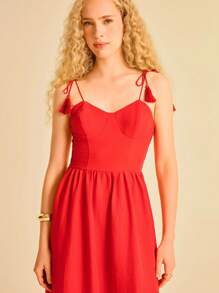 CAJUNI Abito lungo casual da donna in stile boho con stampa tropicale rossa, decorato con nappine, a spalline, con inserti in pizzo sul petto e l'orlo, adatto per le vacanze