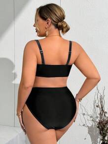 Slaydiva 大码女式多色拼接细肩带可拆卸泳衣上衣+高腰彩色花卉装饰泳裤 - 黑與白 - 查看 2